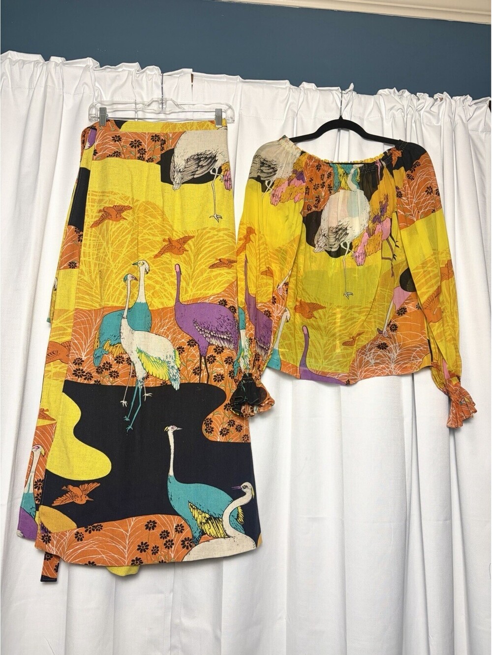 RARE Vintage 1970s Hanae Mori Wrap Skirt & Top Tropical Bird Set. Small.
